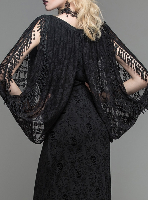 Black Gothic Low Cut V-Neck Lace Long Dress