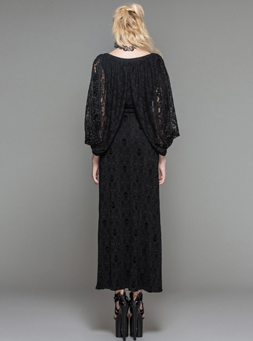 Black Gothic Low Cut V-Neck Lace Long Dress
