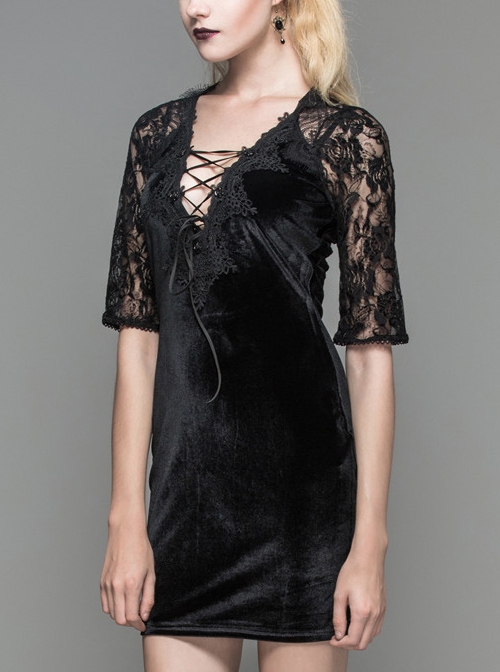 Black Gothic Lacing Low Collar Rose Lace Back Design Half Sleeve Short Dress