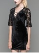 Black Gothic Lacing Low Collar Rose Lace Back Design Half Sleeve Short Dress