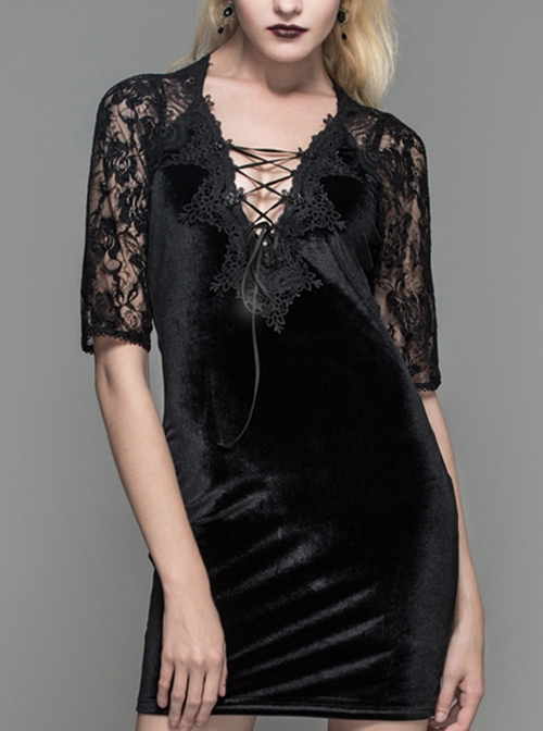 Black Gothic Lacing Low Collar Rose Lace Back Design Half Sleeve Short Dress