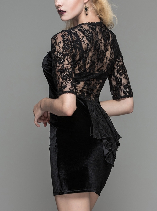 Black Gothic Lacing Low Collar Rose Lace Back Design Half Sleeve Short Dress