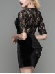 Black Gothic Lacing Low Collar Rose Lace Back Design Half Sleeve Short Dress