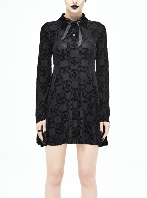 Gothic Black Crucifix Printing Bowknot Long Sleeve Short Dress