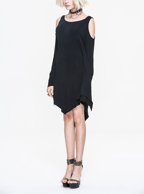 Gothic Concise Black Off Shoulder Irregular Hem Dress