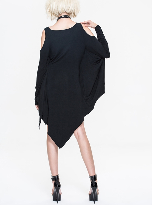 Gothic Concise Black Off Shoulder Irregular Hem Dress