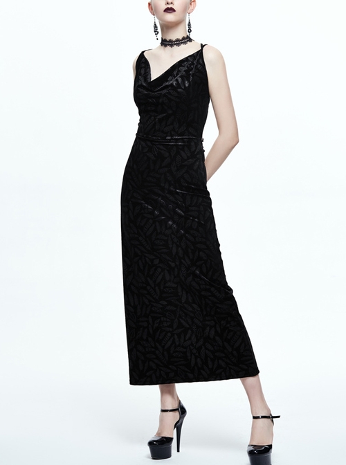 Gothic Black Deep V-collar Feather Printing Backless Sling Dress