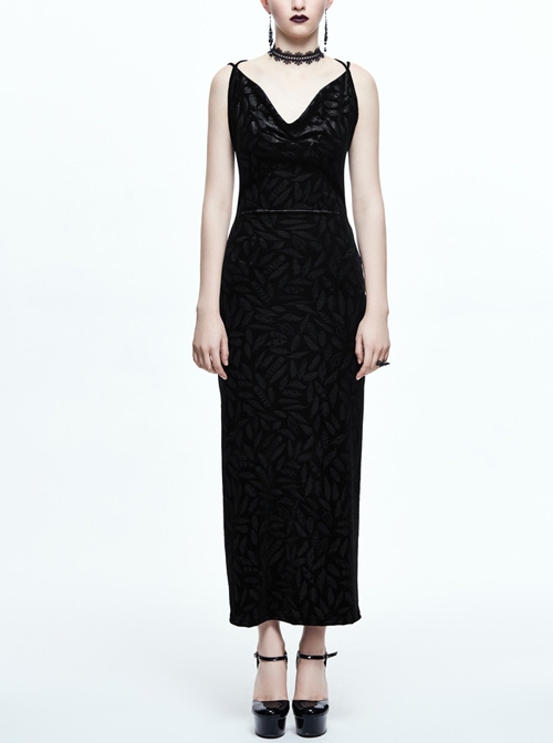Gothic Black Deep V-collar Feather Printing Backless Sling Dress