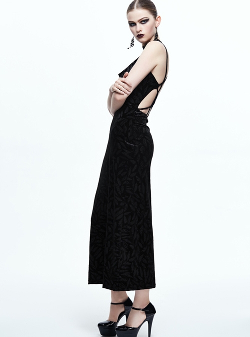 Gothic Black Deep V-collar Feather Printing Backless Sling Dress