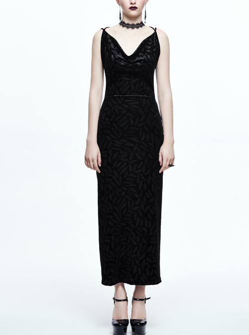 Gothic Black Deep V-collar Feather Printing Backless Sling Dress