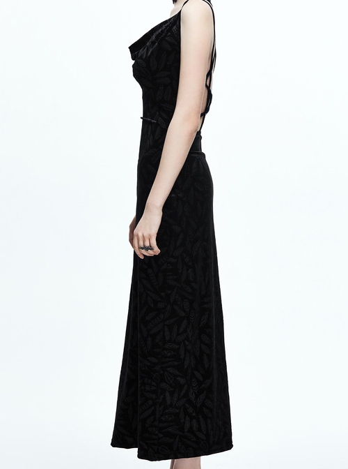 Gothic Black Deep V-collar Feather Printing Backless Sling Dress