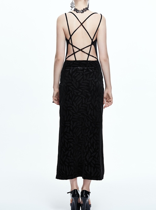 Gothic Black Deep V-collar Feather Printing Backless Sling Dress