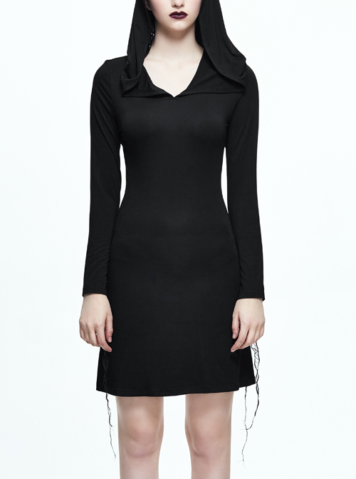 Gothic Black Slim Hooded Cobweb Lace Long Sleeve Dress