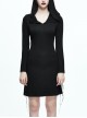 Gothic Black Slim Hooded Cobweb Lace Long Sleeve Dress