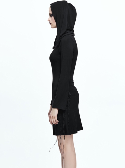 Gothic Black Slim Hooded Cobweb Lace Long Sleeve Dress