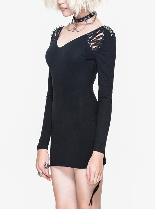 Gothic Black Shoulder Rivet Design Deep V Collar Long Sleeve Short Dress