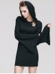 Gothic Pure Black Concise Hooded Cotton Trumpet Long Sleeve Dress