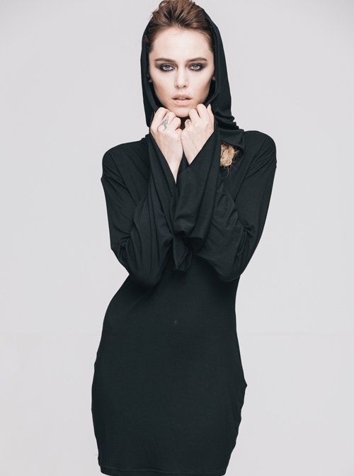 Gothic Pure Black Concise Hooded Cotton Trumpet Long Sleeve Dress