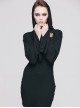 Gothic Pure Black Concise Hooded Cotton Trumpet Long Sleeve Dress
