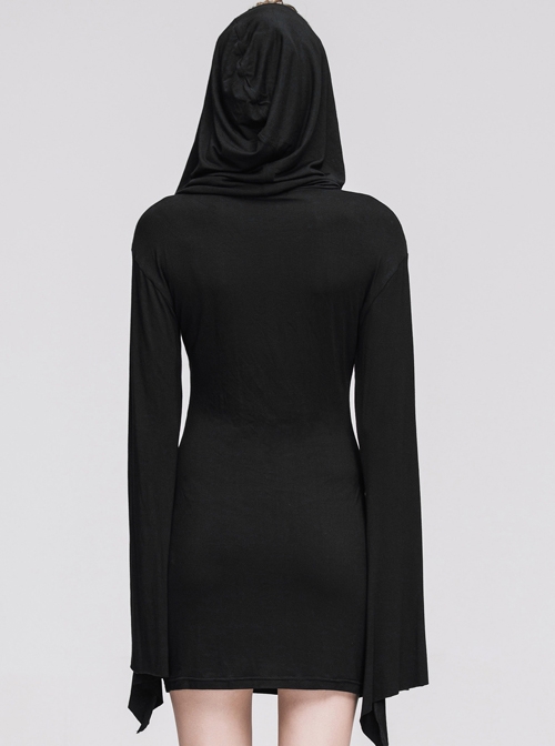 Gothic Pure Black Concise Hooded Cotton Trumpet Long Sleeve Dress