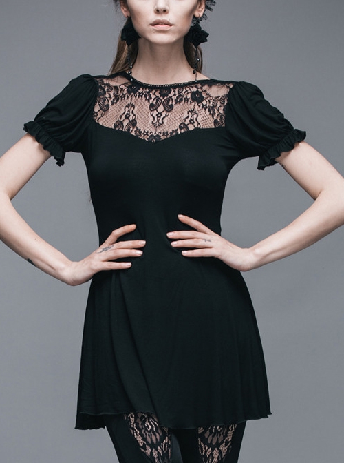 Gothic Black Lace Collar Short Sleeve Slim Mini Dress