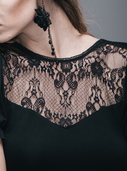 Gothic Black Lace Collar Short Sleeve Slim Mini Dress