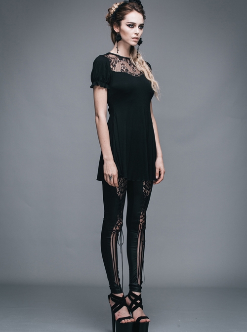 Gothic Black Lace Collar Short Sleeve Slim Mini Dress