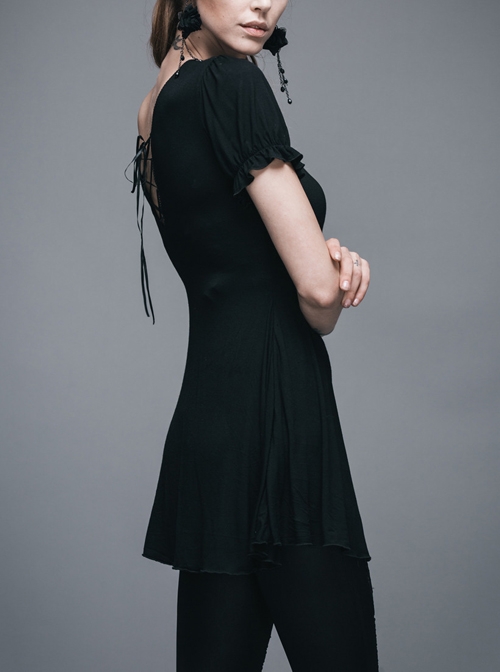 Gothic Black Lace Collar Short Sleeve Slim Mini Dress