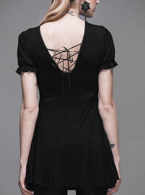 Gothic Black Lace Collar Short Sleeve Slim Mini Dress
