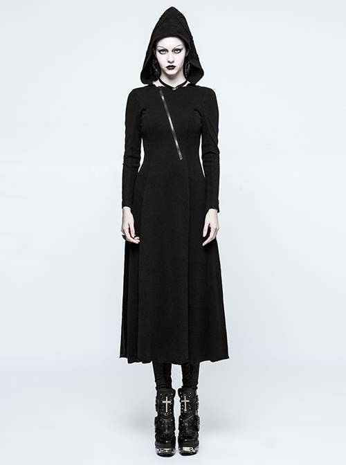 Cyberpunk Black Long Sleeve Hooded Backless Gothic Handsome Long Dress