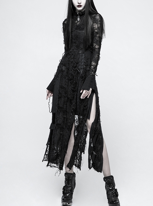 Gothic Black Retro Slim Lace Rope Long Sleeve Long Dress