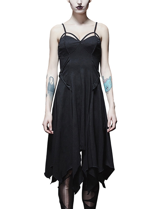 Black Punk Gothic Sexy Asymmetric Hem Sling Dress