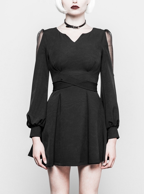 Gothic Black Little V-collar Translucent Long Sleeve Dress