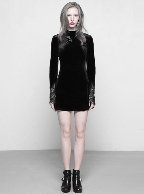 Gothic Black Velour Lace Stitching A-line Hem Long Sleeve Dress