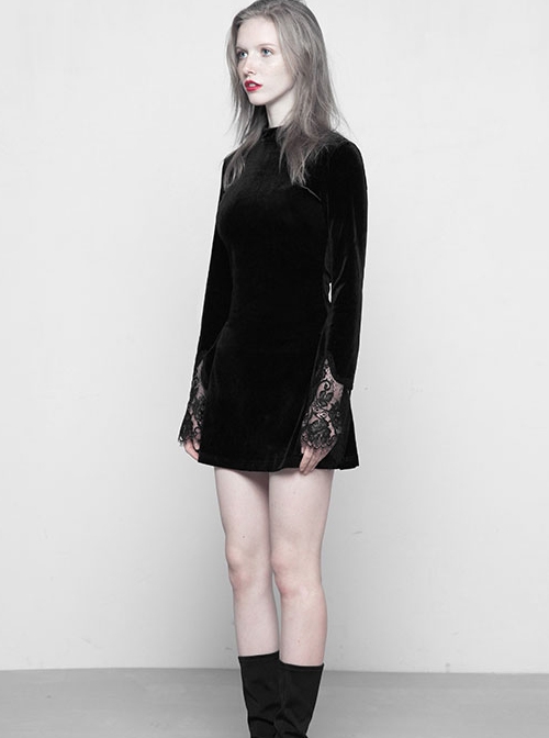 Gothic Black Velour Lace Stitching A-line Hem Long Sleeve Dress