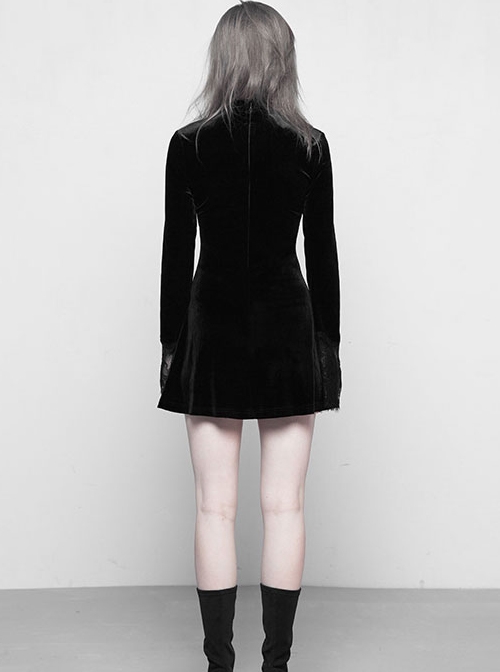 Gothic Black Velour Lace Stitching A-line Hem Long Sleeve Dress