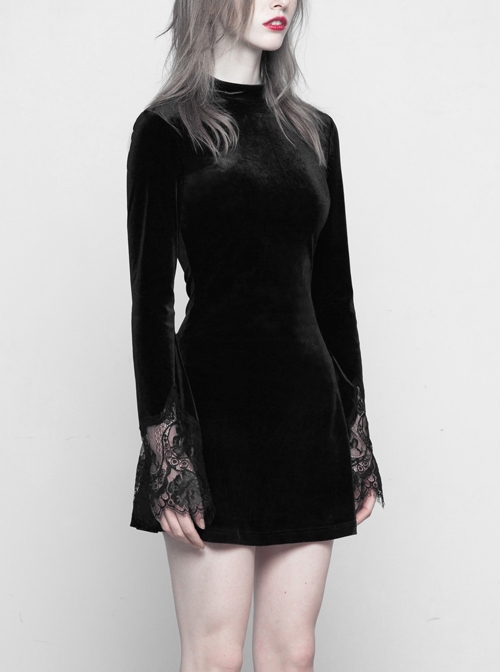Gothic Black Velour Lace Stitching A-line Hem Long Sleeve Dress