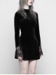 Gothic Black Velour Lace Stitching A-line Hem Long Sleeve Dress