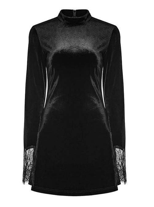 Gothic Black Velour Lace Stitching A-line Hem Long Sleeve Dress