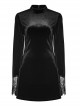 Gothic Black Velour Lace Stitching A-line Hem Long Sleeve Dress