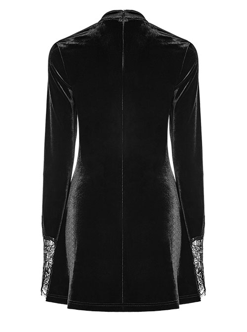 Gothic Black Velour Lace Stitching A-line Hem Long Sleeve Dress