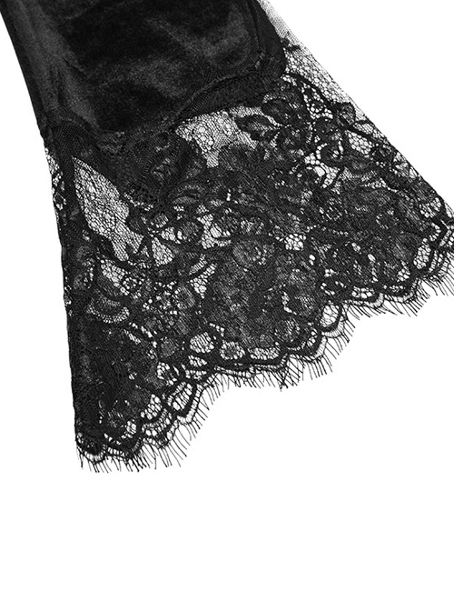 Gothic Black Velour Lace Stitching A-line Hem Long Sleeve Dress