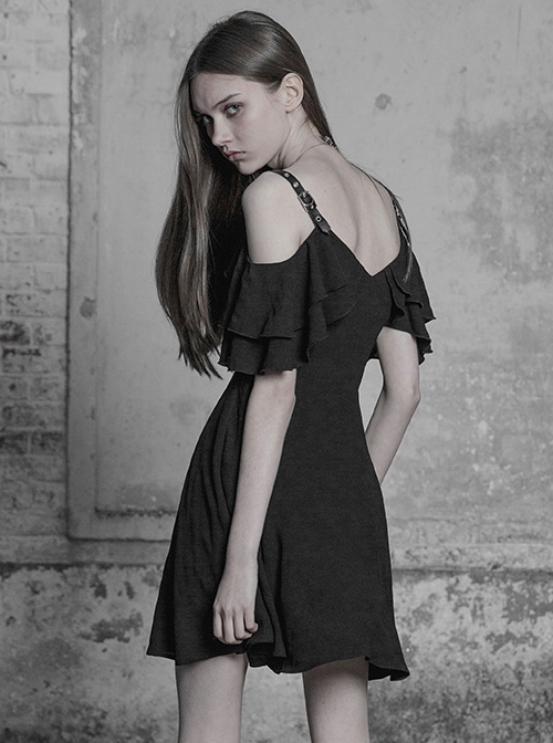 Gothic Black Chiffon Leather Sling Ruffle Sleeve Dress