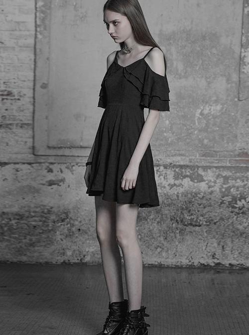 Gothic Black Chiffon Leather Sling Ruffle Sleeve Dress