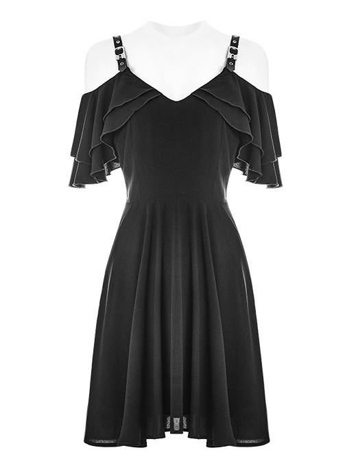 Gothic Black Chiffon Leather Sling Ruffle Sleeve Dress