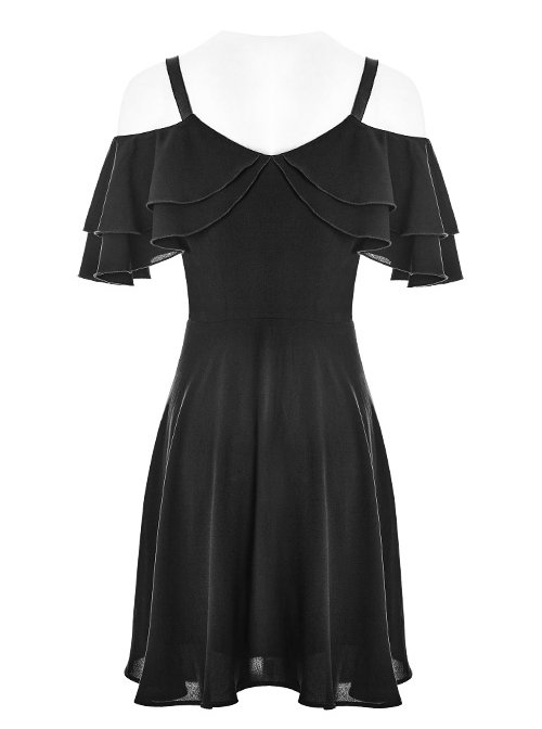Gothic Black Chiffon Leather Sling Ruffle Sleeve Dress