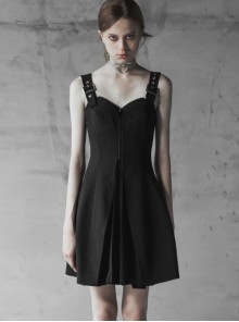 Gothic Little A-line Hem Black Chiffon Pleated Sling Dress