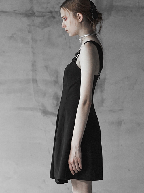Gothic Little A-line Hem Black Chiffon Pleated Sling Dress