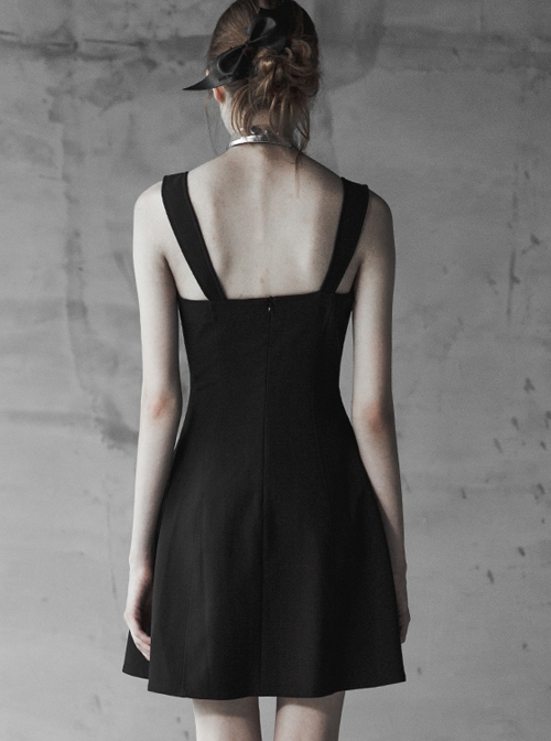 Gothic Little A-line Hem Black Chiffon Pleated Sling Dress