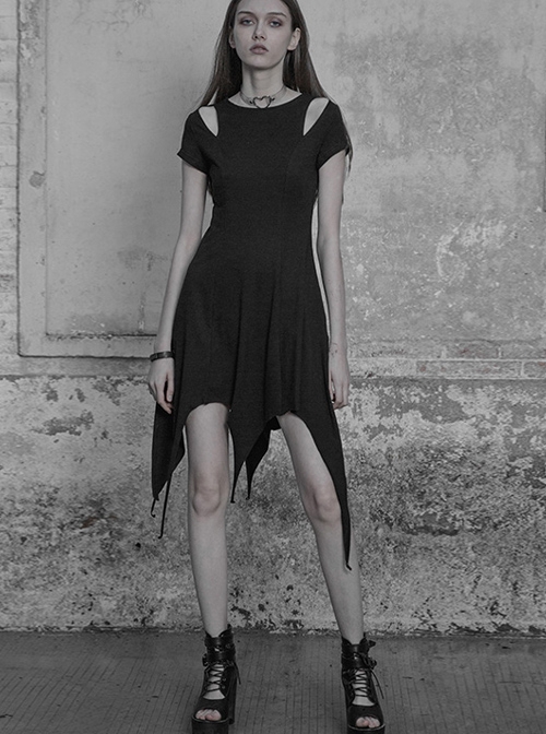 Gothic Black Cotton Irregular Hem Short Sleeve Dress